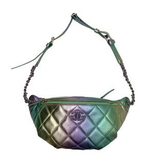 Chanel 2024 Iridescent Blue Purple Green Gold Lambskin Bum Bag GHW